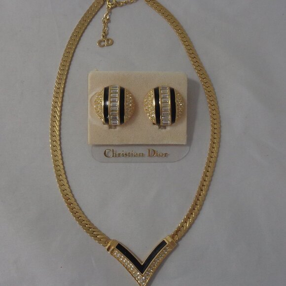 Christian Dior Black Enamel and Rhinestone Necklace & Earring Set Art Deco Style - Picture 1 of 9